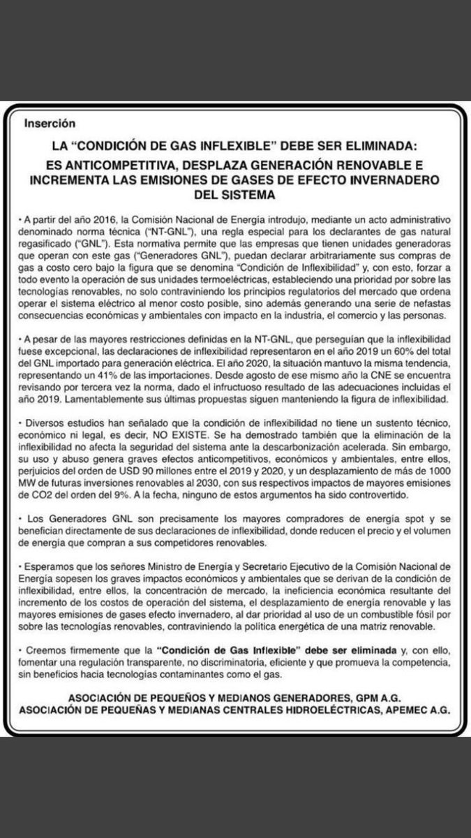 Hoy el <a href="/ElMercurio_cl/">elmercurio_cl</a> . <a href="/APEMEC/">APEMEC</a> y <a href="/gpm_ag/">GPM AG</a> solicitan al ministro de energia Sr <a href="/JCJobet/">Juan Carlos Jobet</a> <a href="/MinEnergia/">Ministerio de Energía</a> y al secretario de la <a href="/CNE_Chile/">CNE</a> sopesen los graves impactos económicos y ambientales que derivan de la condición de #gasinflexible <a href="/RevEnergia/">Revista Energía</a> <a href="/PatriciaDarez/">Patricia Darez</a> <a href="/analiaenergia/">Ana Lia Rojas</a>