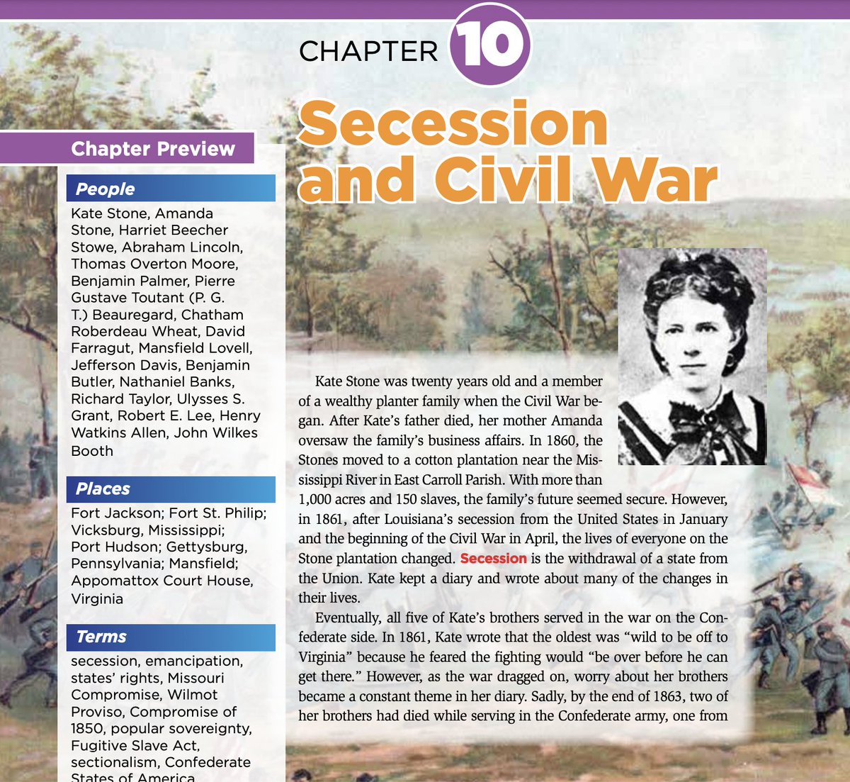 jbenton's tweet image. There are two approved Louisiana history textbooks for the state's 8th graders.

This is how one of them introduces the Civil War: as tough times for a poor young white woman whose family owned 120 slaves.
