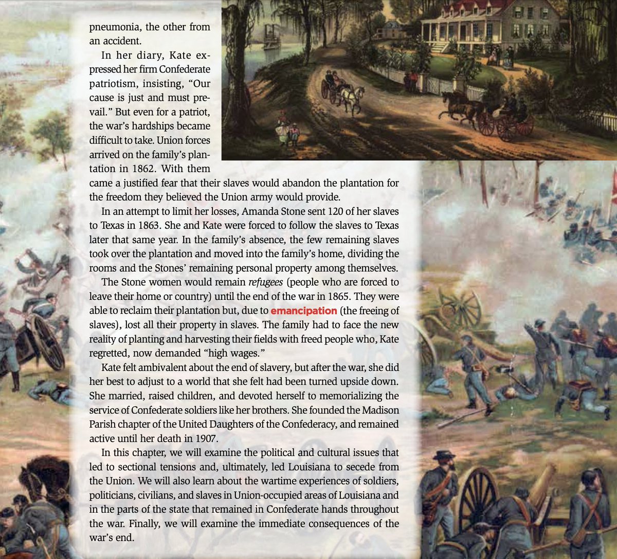 jbenton's tweet image. There are two approved Louisiana history textbooks for the state's 8th graders.

This is how one of them introduces the Civil War: as tough times for a poor young white woman whose family owned 120 slaves.