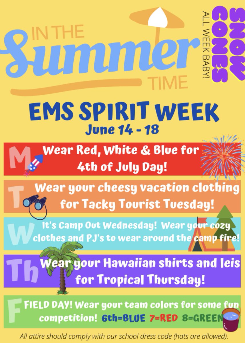 nh_middle's tweet photo. Tomorrow is the first day of our SPIRIT WEEK!  Wear Red, White and Blue for 4th of July Day! https://t.co/Izx990o8tM