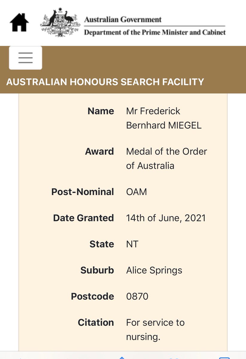 So very proud of my oldest brother Fred Miegel. Awarded the Medal of  the Order of Australia for his dedication to palliative care nursing in Alice Springs.