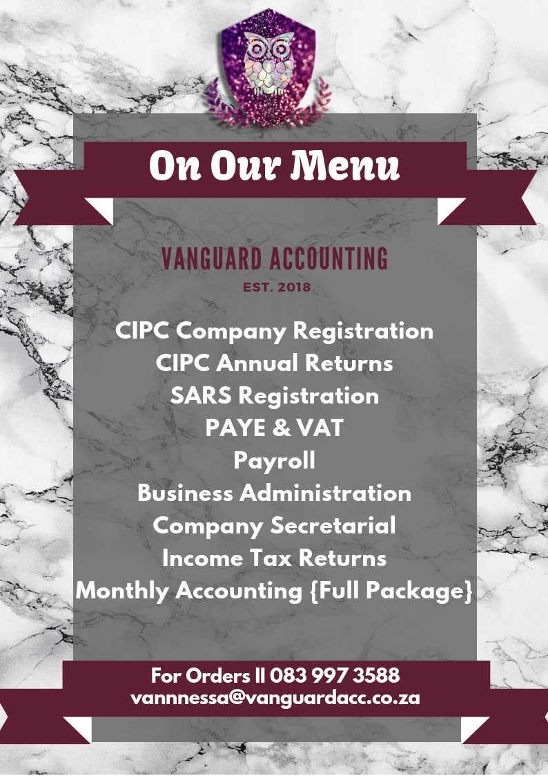 Alfonzowords2's tweet image. Hungry for Great Accounting & Affordable Rates?🍽
ORDER from our Services Menu Now!📜
☎️Whatsapp: 083 997 3588
📧Email: Vannessa@Vanguardacc.co.za
to enquire
#Accounting II Tax II #Payroll