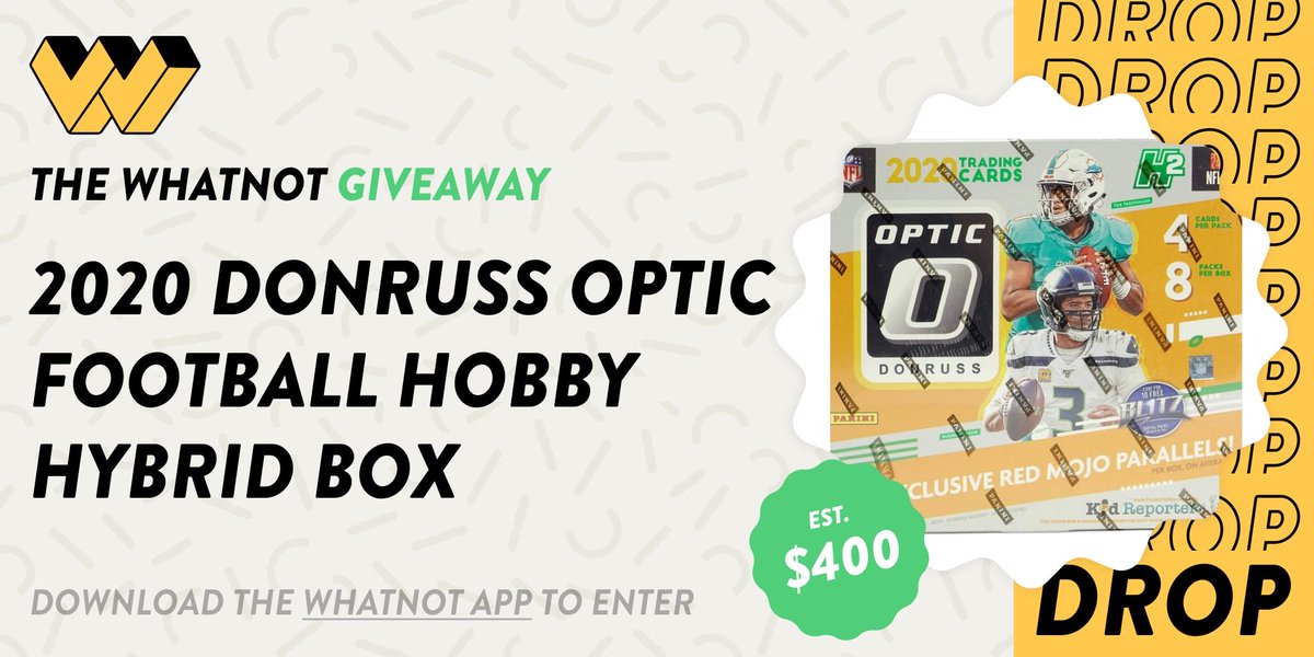 therealcodenewb's tweet photo. You can win a free 2020 #Panini Donruss Optic Football Hobby Hybrid Box (valued at $400) by entering the Drop on the #Whatnot app! Drop closes 06/14 at 11pm PT https://t.co/dTN241vGn9

Make sure 2 follow @whatnot for more! #whatnotdrop #giveaway #sportscards #whodoyoucollect #NFL https://t.co/cwcPieXwwT