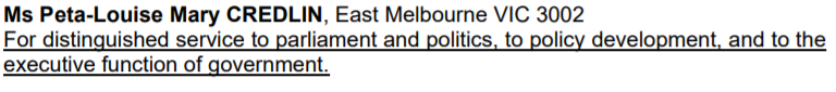 So we are just giving out Order of Australia honours based on lies now?

Her service wasn't distinguished. She didn't develop policy either. Peta Credlin's politics was just slogans and lies.

What a joke.
#auspol #PetaCredlin #OrderOfAustralia