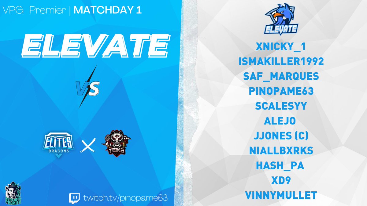 Here is our line up for tonight’s first game day In <a href="/VPGPremier/">VPG Esports Premier</a> 

vs 
@DragonsProClub ⏰ 8:45PM UK
@TeikoFIFA ⏰ 9:15PM UK 

Come watch us on - twitch.tv/pinopame63 starting at 7:55pm UK time where we will also play games in <a href="/VPGUK/">VPG United Kingdom</a> and the VPG eSports Cup. 💙☁️