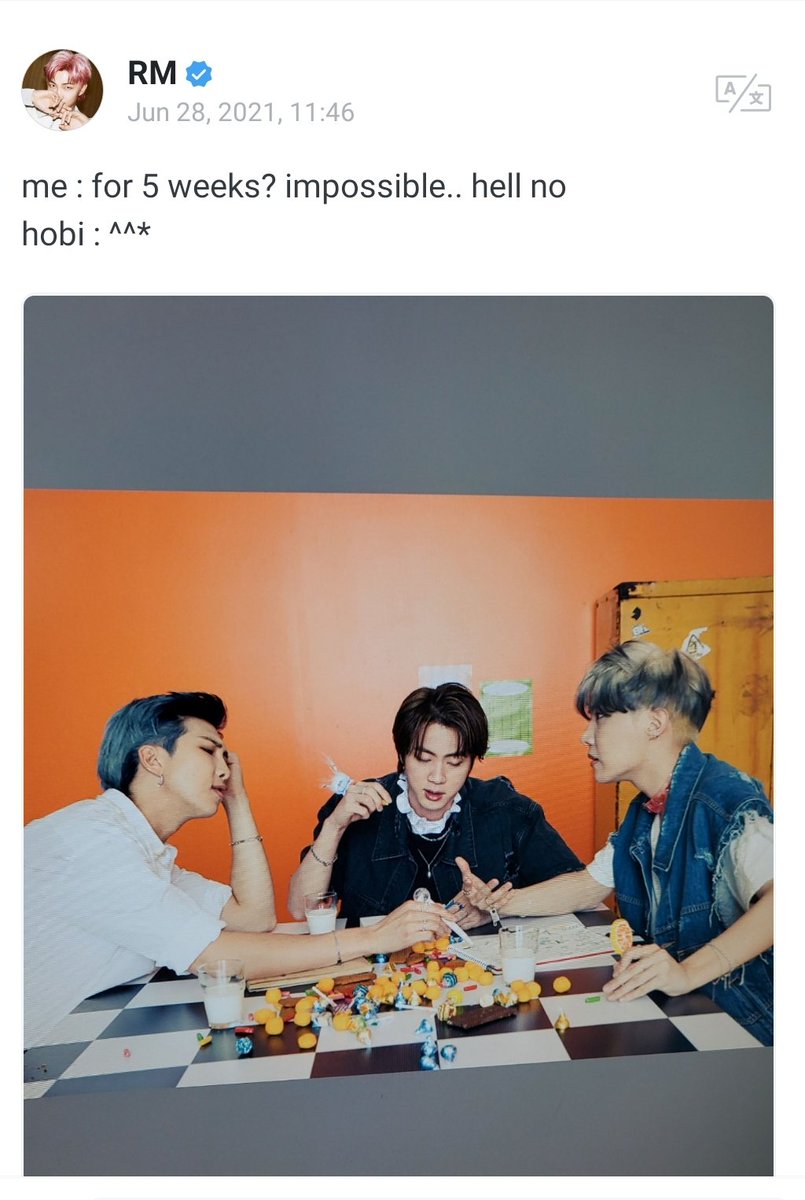 KathyBArmy's tweet photo. RM en Weverse 🔸️

Yo: durante 5 semanas?  imposible .. diablos no
Hobi: ^^ *

Si Siiiiii Siiiii y vamos por la 6ta 😭💜💪🏼💥

@BTS_twt https://t.co/k9wuNdR0JI
