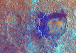 ExploreMercury's tweet photo. Even though #teamCarbon didn't pull through as winner of #EleCup21 @ElementCup, it's still a very important element on #Mercury. This MDIS image from @MESSENGER2011 shows the Derain peak-ring basin (diameter 167 km) with LRM in blue which is likely carbon rich. https://t.co/kkvPqBKIQP