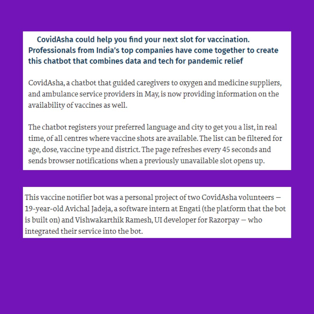 Get easier access to #Vaccination slots, #Ambulances, #Medicines and #Oxygen in your city with the CovidAshaBot. 
Say hi to us on:
Whatsapp: wa.me/+917676522535?… 
Telegram: t.me/COVIDAshaBot
Messenger: m.me/101591655418775
<a href="/1mgOfficial/">Tata 1mg</a>