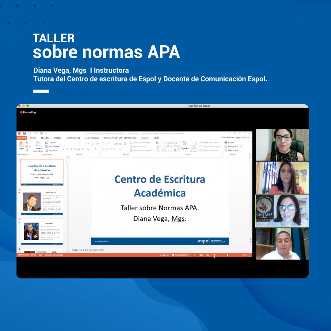 postgradosfcsh's tweet photo. El pasado jueves se realizó el Taller sobre normas APA dirigido a los alumnos de maestrías profesionalizantes a cargo de Diana Vega, Msc Tutora del Centro de escritura de Espol y Docente de Comunicación Espol. https://t.co/3o9d9IIJIh