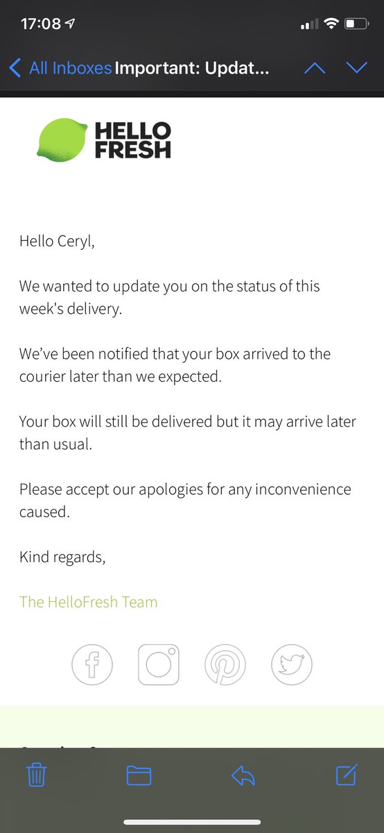 CerylGuard's tweet photo. @HelloFreshUK every week I get this same email. Every week. You need to take a look at your delivery partner. Shambles. https://t.co/v97FiEO12Y