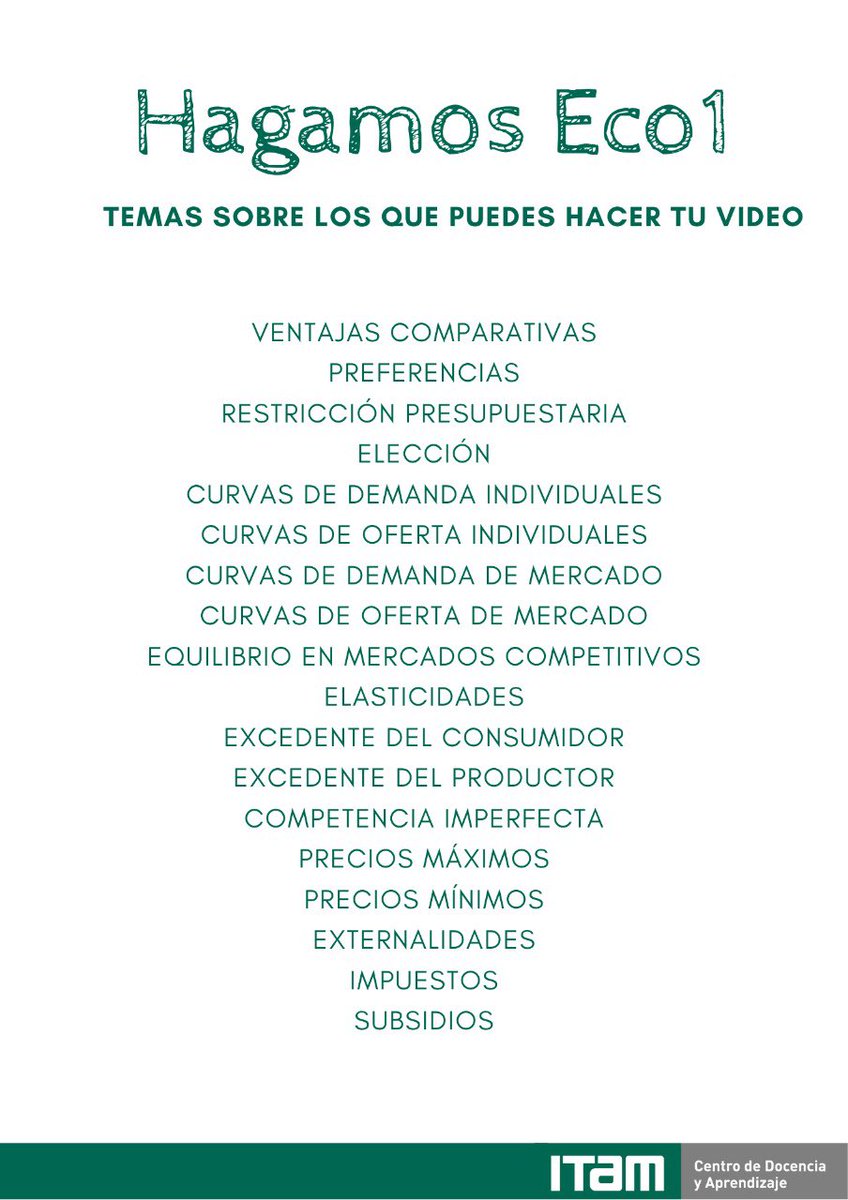 ¿Aún no escoges un tema para tu video? Te dejamos las opciones con las que puedes participar en el concurso “Hagamos Eco 1”
Consulta la convocatoria completa en: cda.itam.mx/concurso-eco1