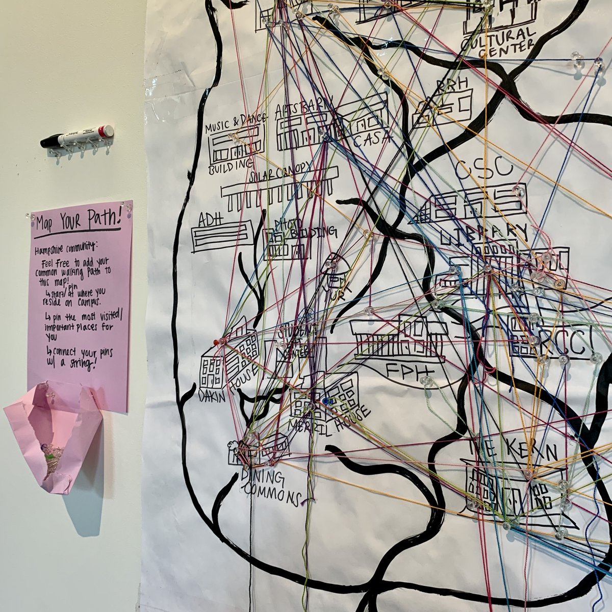 Remnants of the We Belong Project can still be found in the RWKC. Check out the Map Your Path activity in the gallery space. <a href="/hampshirecolg/">Hampshire College</a> folks were asked to use string to replicate a common walking path. We love to see how many people regularly walk through or to the RWKC!