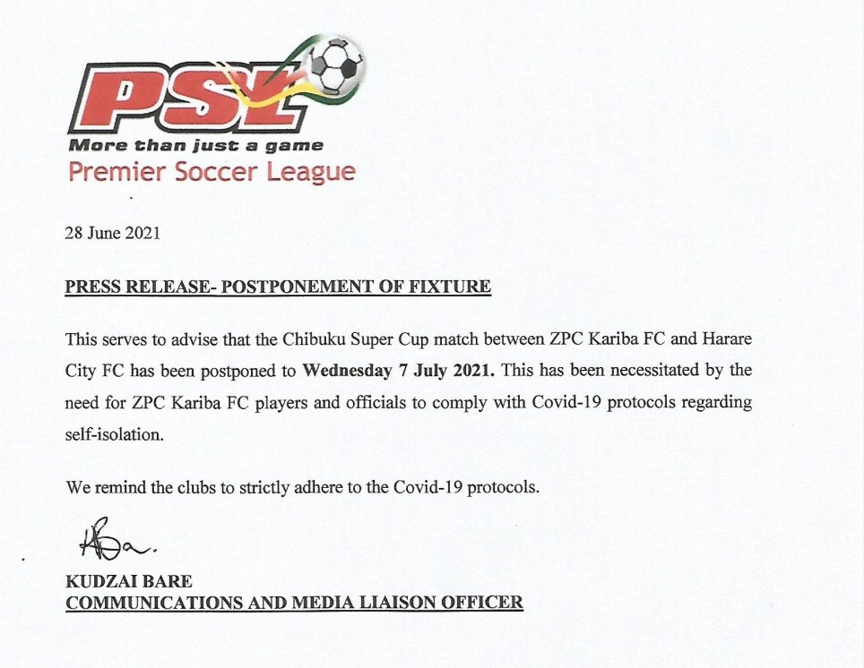 Just in: Match between #ZPCKariba  and @hararecityfc has been postponed.
#HStvSports #Heartnation #ChibukuSuperCup21