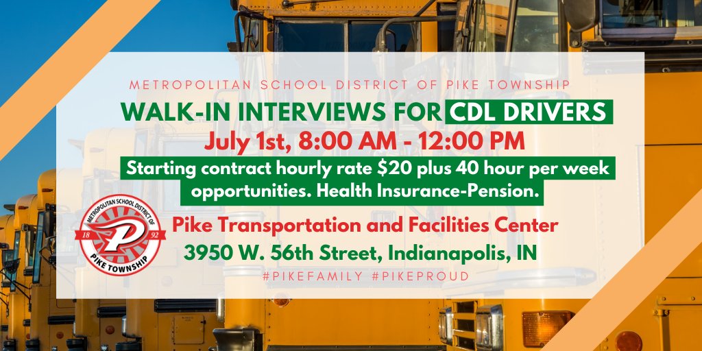 Walk-in interviews for CDL Drivers on Thursday, July 1st from 8am-noon. Join us!!! <a href="/PikeSchools/">Pike Twnshp Schools</a>