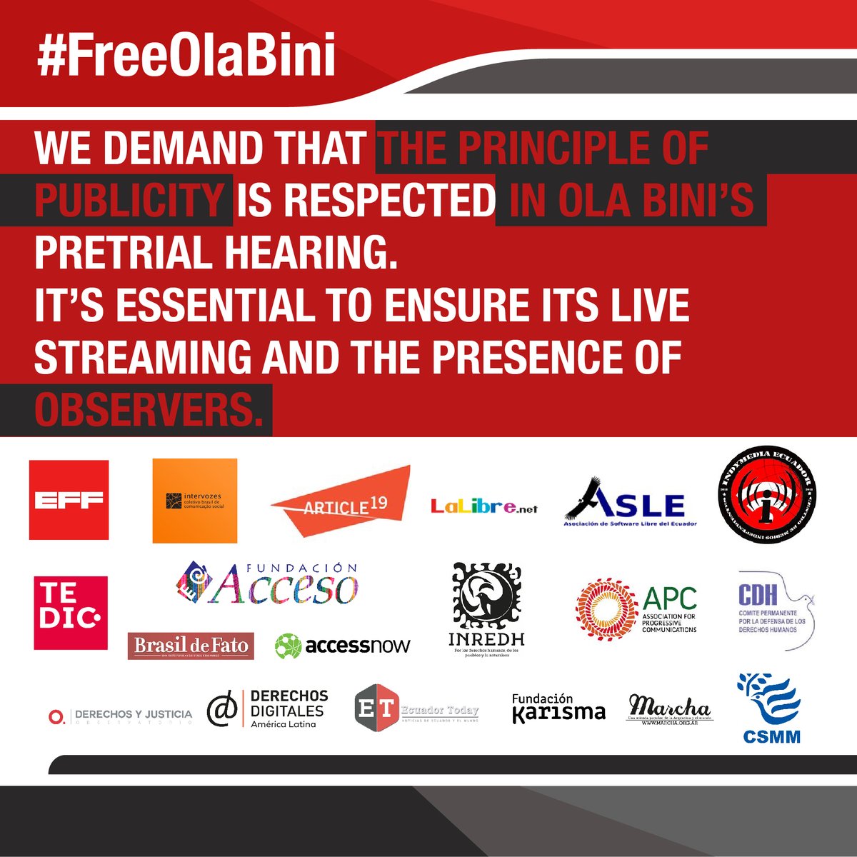 EFF (@eff) on Twitter photo Ecuador: After more than 2 years of technologist Ola Bini’s prosecution, the pre-trial hearing of his case is set to continue this Tuesday (6/29). EFF joins the human and digital rights groups calling for the session to be open and allow observers. <a href="/CorteNacional/">Corte Nacional de Justicia</a>, <a href="/BernardaOM/">Bernarda Ordóñez Moscoso</a> Ecuador: After more than 2 years of technologist Ola Bini’s prosecution, the pre-trial hearing of his case is set to continue this Tuesday (6/29). EFF joins the human and digital rights groups calling for the session to be open and allow observers. <a href="/CorteNacional/">Corte Nacional de Justicia</a>, <a href="/BernardaOM/">Bernarda Ordóñez Moscoso</a>