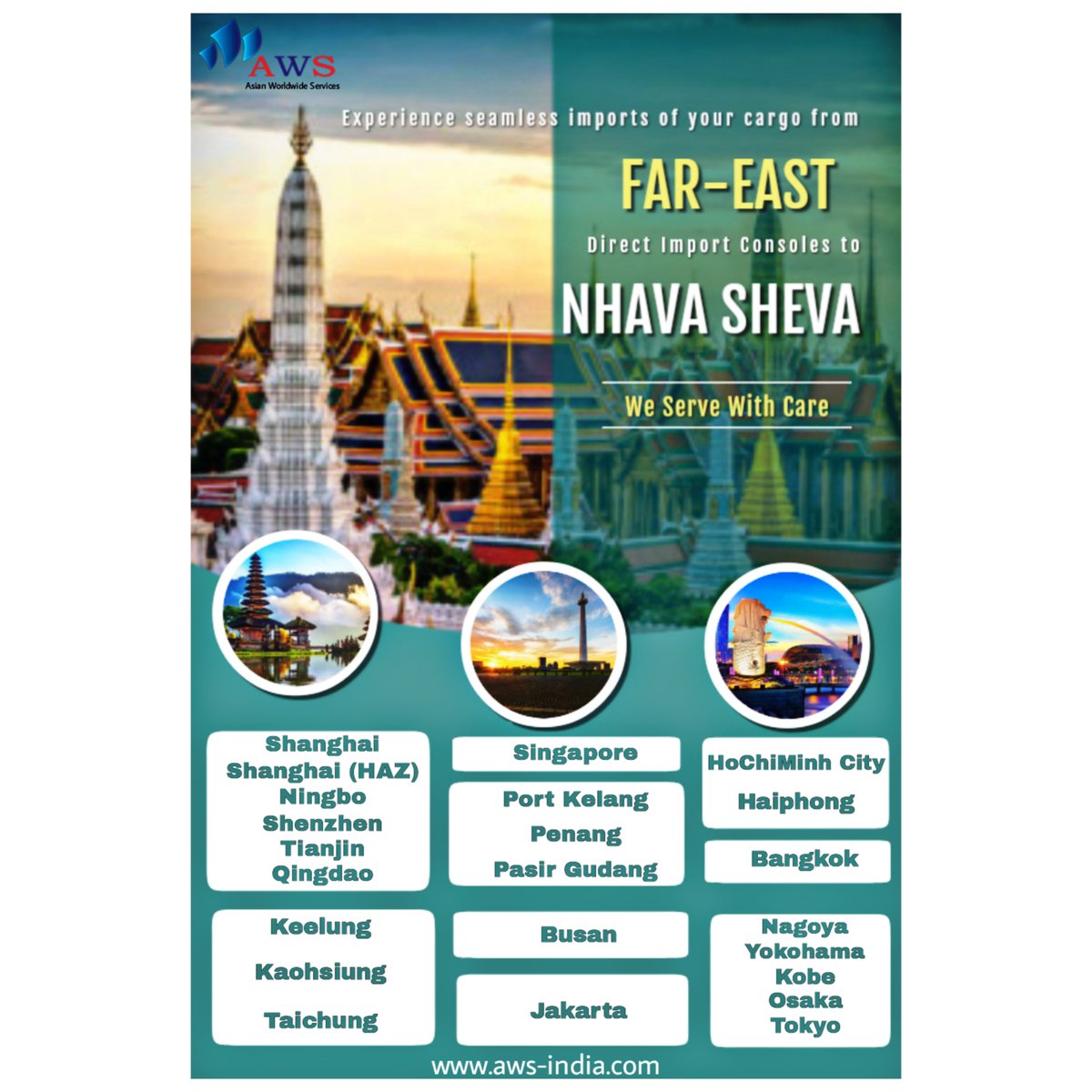 Experience Seamless import services from Far-East to #NhavaSheva  with overseas presence and strong network managed by team of experienced professionals handling #LCL cargoes with expertise.

#awsindia #consolidation #FCL #exports #imports #shipping #FarEast #WeServeWithCare