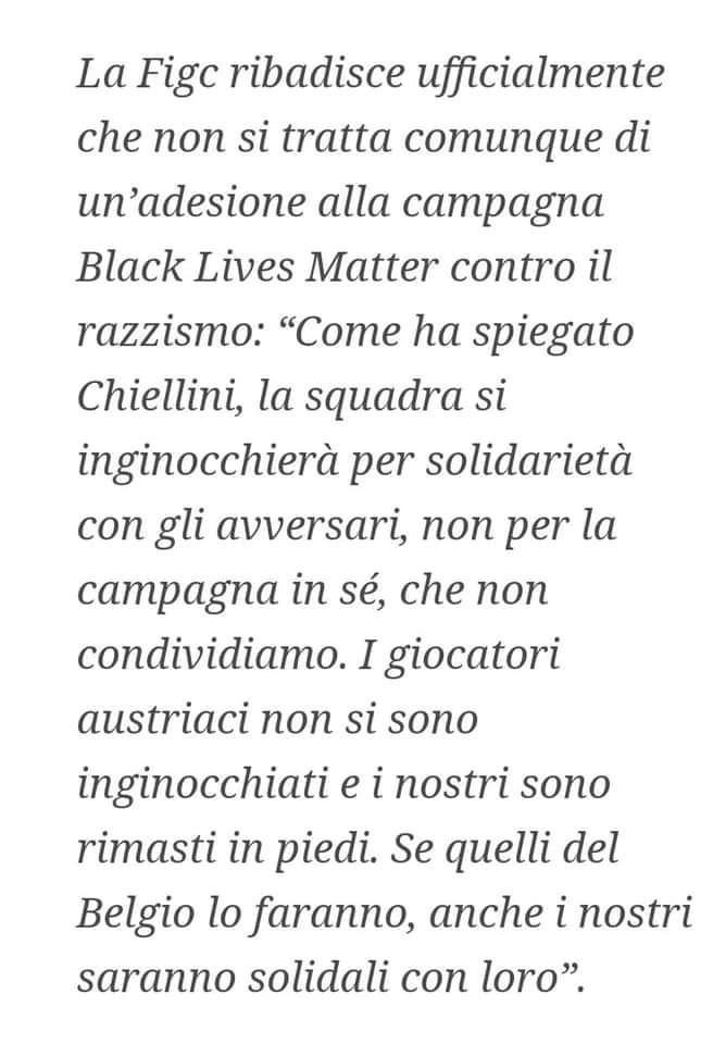 "Per solidarietà con gli avversari", mica per solidarietà con le persone nere. Che vergogna, <a href="/FIGC/">FIGC</a>, <a href="/chiellini/">Giorgio Chiellini</a>. 

#BlackLivesMatter #ItaliaBelgio