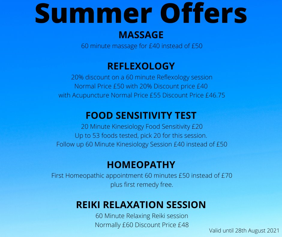 fountaintherap1's tweet photo. Summer Offers at Fountain Therapies now available until the end of August.
#fountaintherapies #massage #massagetherapy #reflexology #foodsensitivitytest #homeopathy #reiki #relaxation #relax #kinesiology https://t.co/JN5nfKHp03