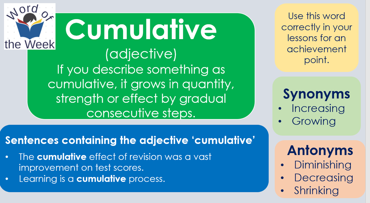 MaghullLiteracy's tweet photo. This week's #wordoftheweek is cumulative. Don't forget to use it in your lessons for an achievement point! #WordoftheWeek #vocabulary https://t.co/QPXOJUcwOw