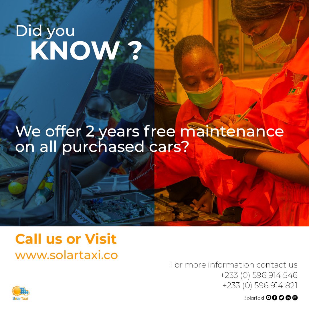 SolarTaxiGh's tweet photo. Worried about maintenance after purchase?
Worry no more! We offer 2 years free maintenance for all purchased cars.
Contact us on 059 691 4546 / 059 691 4821
.
.
.
#cars #solartaxicars #electriccars #electriccars #buycars #evs #electricvehicles #maintenance #freemaintenance https://t.co/5g03TiZUPp