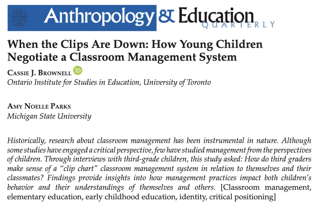 Cassie J. Brownell (@brownellcassie) on Twitter photo Incredibly excited to see this piece w/ the ever-brilliant @amynoelleparks in <a href="/AnthropologyEd4/">Anthropology & Education Quarterly</a>! (s/o to rad editors/reviewers!)
If you've ever used/wondered/worried abt behavior management systems/how kids negotiate 'em, esp in #ECE, pls give this a read: anthrosource.onlinelibrary.wiley.com/doi/10.1111/ae… Incredibly excited to see this piece w/ the ever-brilliant @amynoelleparks in <a href="/AnthropologyEd4/">Anthropology & Education Quarterly</a>! (s/o to rad editors/reviewers!)
If you've ever used/wondered/worried abt behavior management systems/how kids negotiate 'em, esp in #ECE, pls give this a read: anthrosource.onlinelibrary.wiley.com/doi/10.1111/ae…
