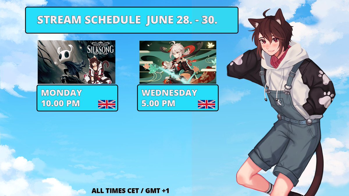 catboyfisky's tweet photo. This week again a rather short #Streamschedule, as I will be visiting #JustFace over the weekend for our cosplay video project ^-^v!

MO: #HollowKnight adventures

WED: Big #GenshinImpact stream! We'll pull for #Kazuha and furnish our home islands Minecraft style! :D

#vtuber https://t.co/rRHimR6xOL