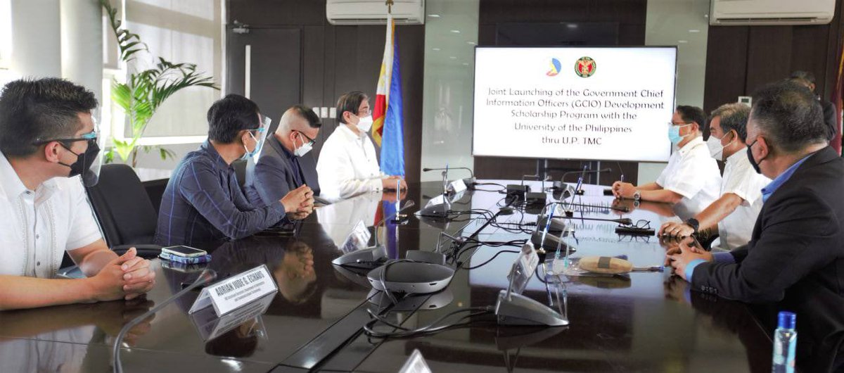 DICTgovph's tweet photo. LOOK: Earlier, DICT Secretary @gringo_honasan and UP President Danilo L. Concepcion, together with UP Chancellor Fidel Nemenzo, entered into a partnership for the implementation of the Government Chief Information Office (GCIO) Development Scholarship Program through MOA signing. https://t.co/vgazQRku0c