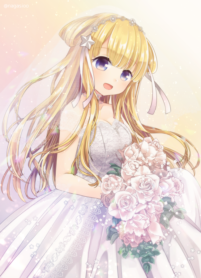 fletcher (kancolle) 1girl dress blonde hair long hair wedding dress bouquet solo  illustration images