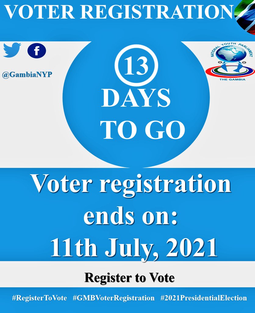 GambiaNYP's tweet photo. There are 13 days until the end of @GambiaIec general voter registration. Are you registered to vote? If no, please do so and take part in determining the government of The #Gambia. It's your right to register to vote, do not hesitate to exercise it.π
#RegisterToVote220 https://t.co/azMKzMOA0a