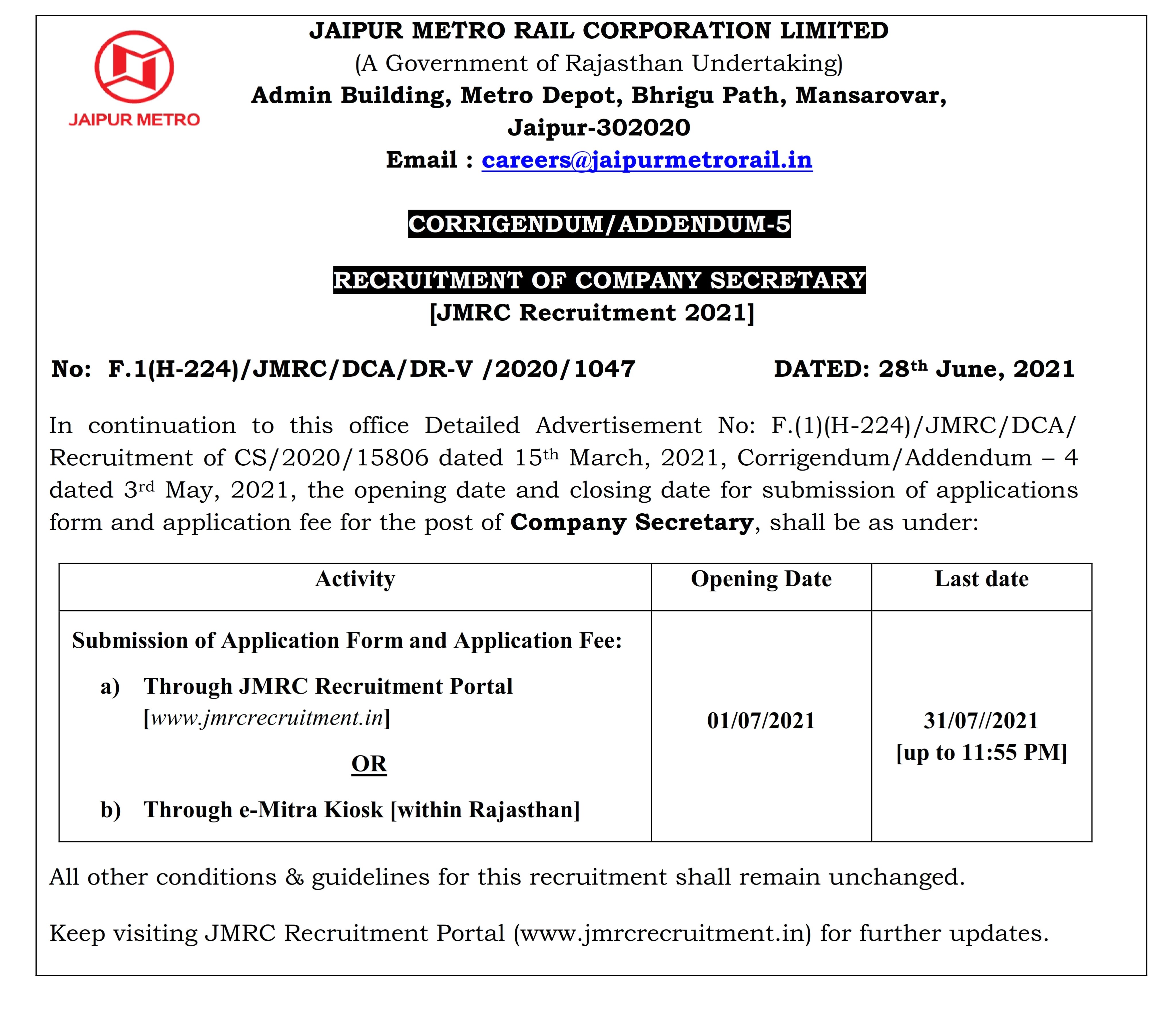 Jaipur Metro On Twitter Company Secretary Jmrc Recruitment 2021 Online Application Submission Link Will Be Available From 01 07 2021 Jmrc Recruitment Companysecretary Cs Jobs Career Myjaipurmetro Https T Co Okpzn1bbam Twitter