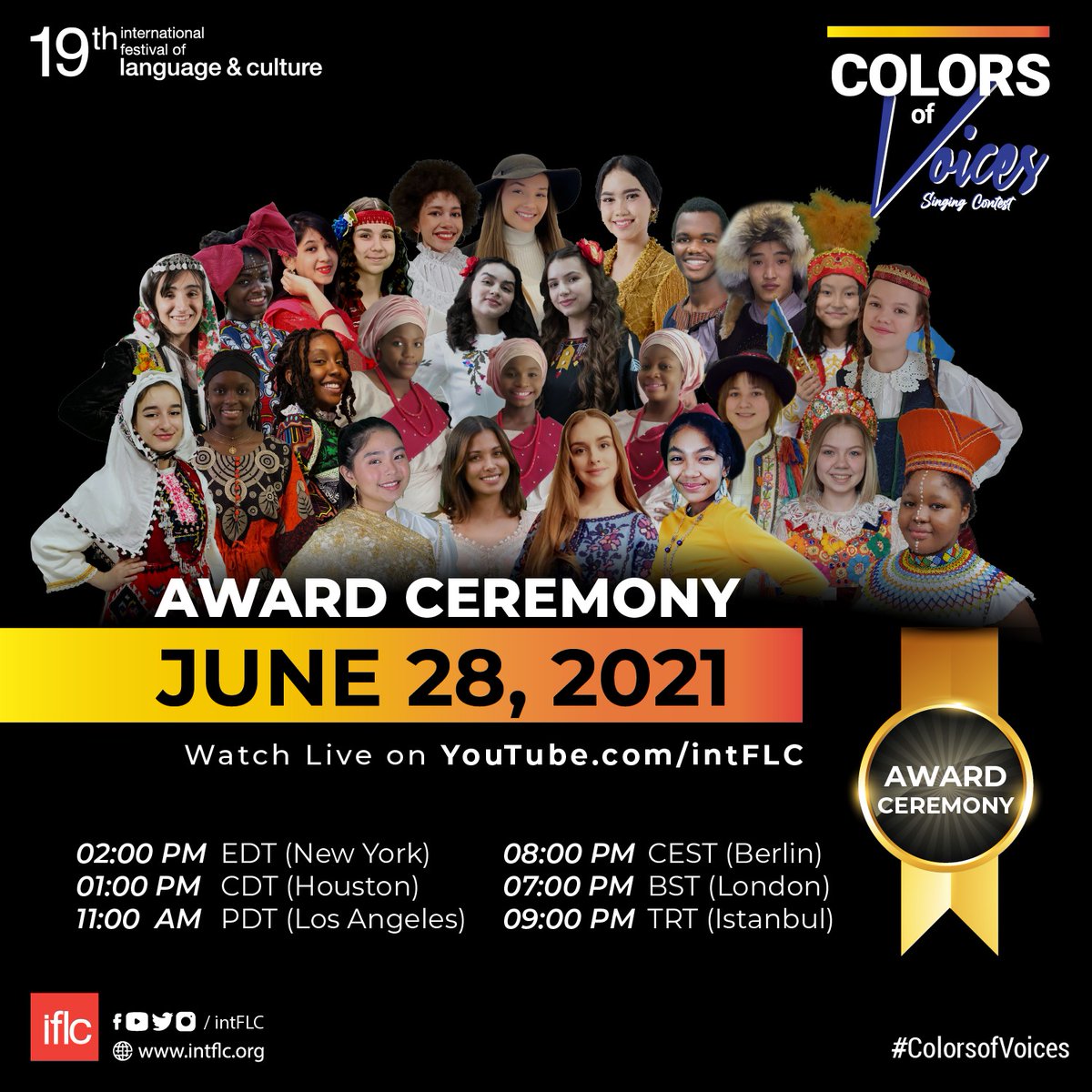Colors of Voices Award Ceremony will take place at 2 PM (EST) NY and 8 PM (CEST) Berlin, on YouTube Channel. #ColorsofVoices #IFLC2021 #IFLC #AWARDS2021 youtube.com/intFLC