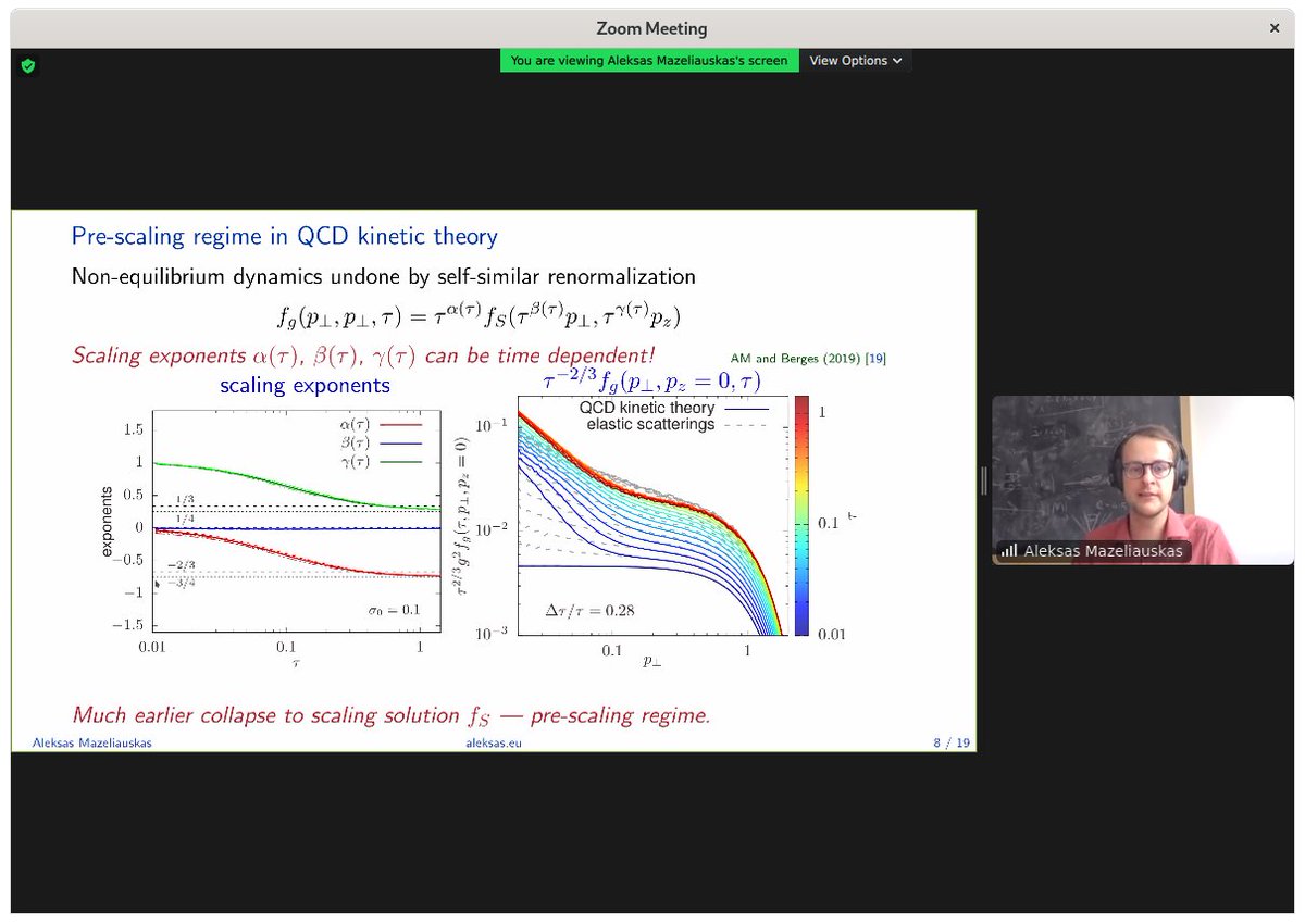 thermalization's tweet photo. Aleksas Mazeliauskas @CERN @AleksasMaz gives #SEWM2021 plenary on Matching glasma to hydro via kinetic theory
#attractors #KineticTheory #FarfromEquilibrium https://t.co/qwFcRhKajp