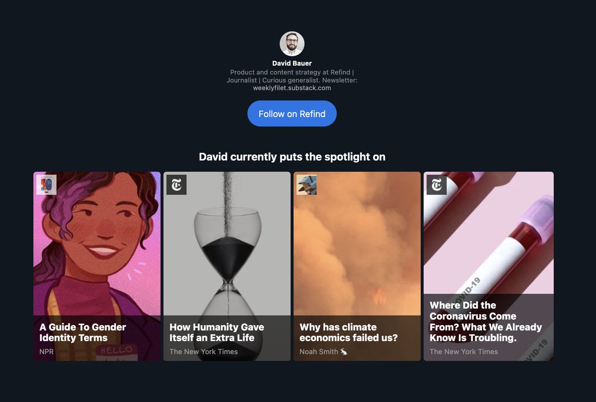 🆕 Show the world what inspires you. Show the world what made you think. Put a spotlight on links that really deserve it. The fewer the better.

Our new profile pages are reduced to the max.

Have a look, then get your own. refind.com/davidbauer