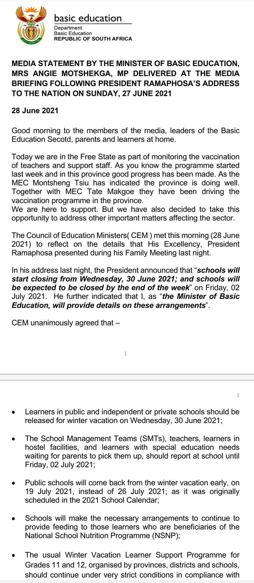 ReginahMhaule's tweet image. Media Statement issued today by Minister Motshekga following the announcement by President Ramaphosa, on the country&apos;s move to #AlertLevel4. Note that schools will close on Wednesday 30 June and reopen on Monday, 19 July #VaccineRollOutSA @DBE_SA