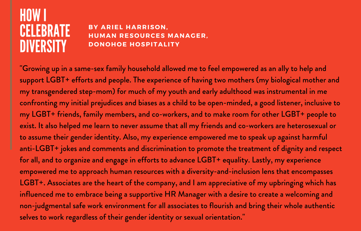 TheDonohoeCos's tweet photo. "How I Celebrate Diversity" shares personal stories from #TeamDonohoe about how we celebrate our uniqueness throughout the year. Ariel from Donohoe Hospitality shares how her two mothers have influenced her HR career. #WeTakePride #DonohoeDiversity #TheDonohoeDifference https://t.co/2zUMVjgp4F