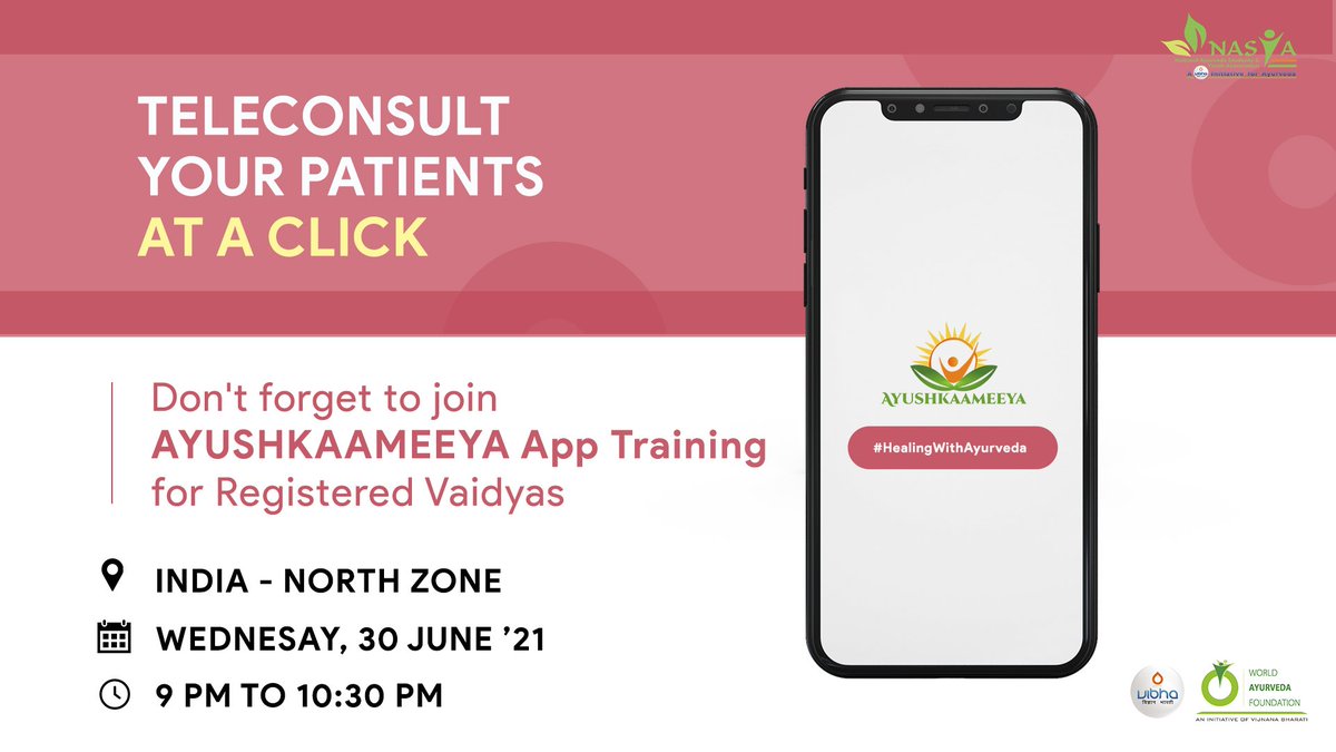 #Patients can now connect with our #Vaidhyas at a click!

If you are a registered Ayurvedic doctor with AYUSHKAAMEEYA, join our training program on #AYUSHKAAMEEYA App.

India- North Zone
🗓️ 30 June '21
🕒 9 pm

#HealingWithAyurveda #nasya #ayurvedamedicine #COVID19 
<a href="/moayush/">Ministry of Ayush</a>
