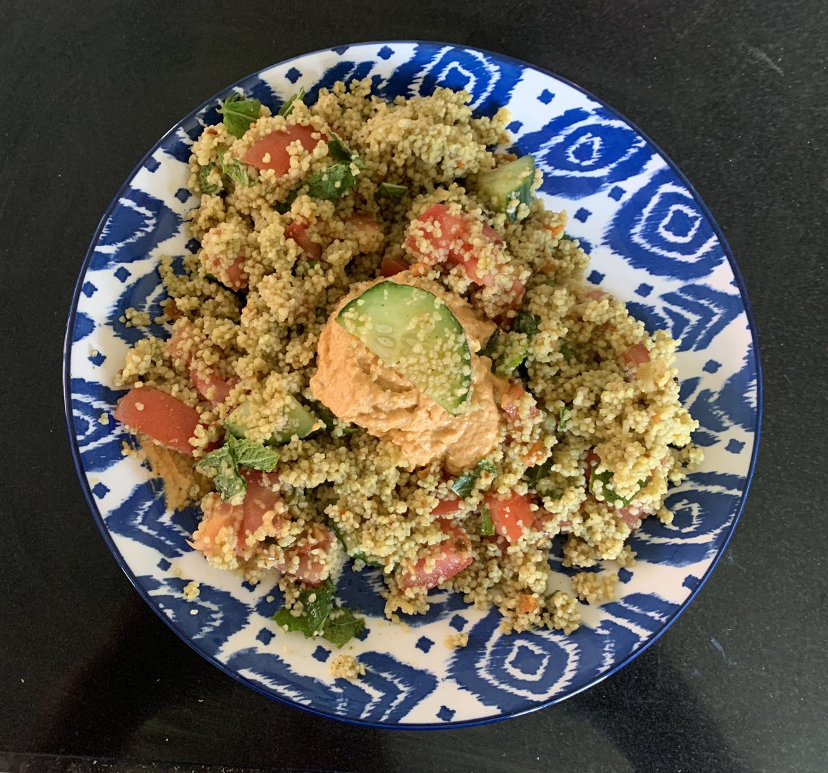Zoom Break Lunch
•  🥗 5 min lunch prep 🥗

Are your Mondays always full on  ? 
Today I had 10min  to conquer the healthy lunch challenge!
Couscous with tomato 🍅 cucumber 🥒 fresh mint and Moroccan houmous
My supermarket sweep lunchtime plate
#lunchtime #healthyfood
