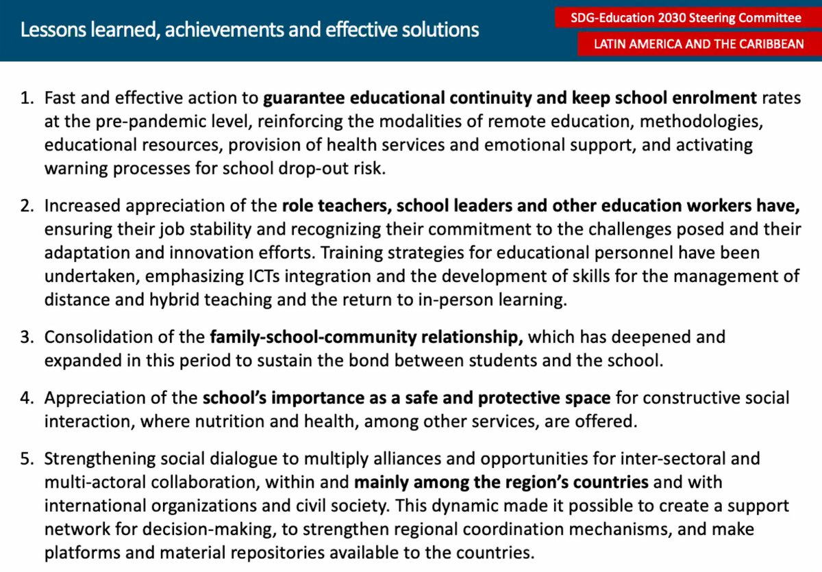 Education2030UN's tweet photo. #LatinAmerica #Carribean rep at #GlobalCommittee says important
🔸continuity &amp; school enrolment 
🔸teachers &amp; school leaders 
🔸family-school-community relationship 
🔸schools as safe &amp; protective spaces 
🔸social dialogue for alliances &amp; intersector opportunities
@UNESCOSantiago https://t.co/8hyu3boYjZ