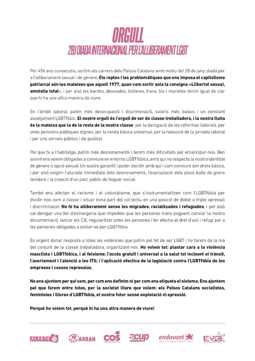 ✊🏳️‍🌈 #28J Dia per l'alliberament sexual i de gènere || Les persones LGBT seguim patint assetjament, desocupació, escletxa salarial i discriminació. 
Aquest #28J ens organitzem, perquè el nostre orgull és també orgull de classe.
