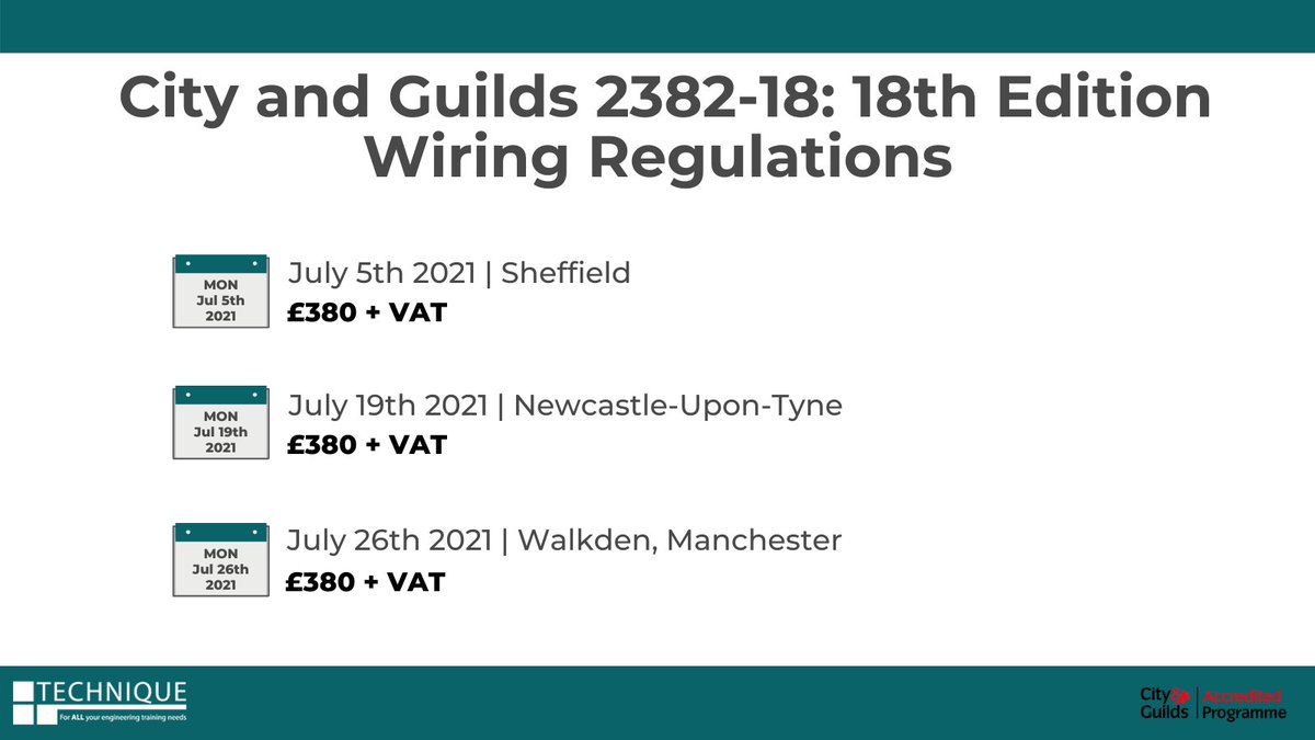July dates for our #18thEdition Wiring Regulations course! This course introduces a working knowledge of the #wiringregulations. You can view more info & book here: bit.ly/3bKAzOF #Trainingcourses #18thEdition #WiringRegulations #cityandguilds #electricalcourses