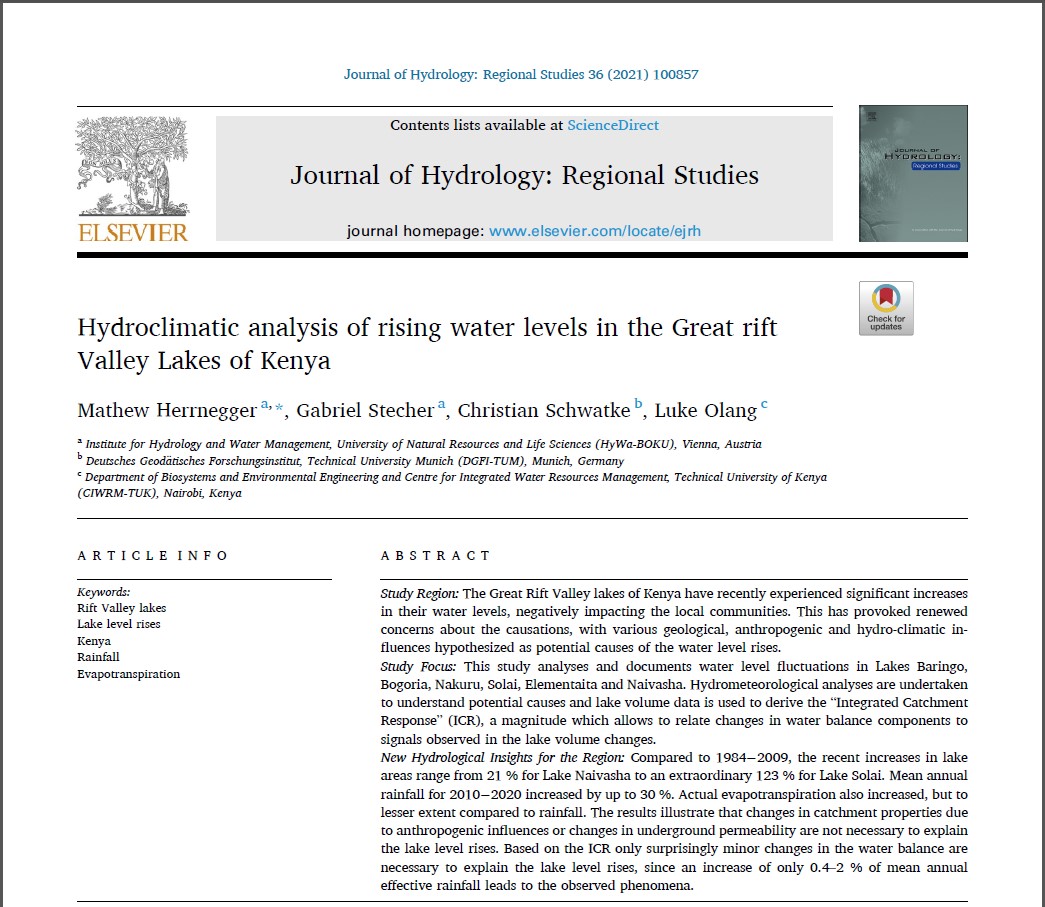 BOKU_HyWa's tweet photo. A study by Mathew Herrnegger et al. on the background of lake level rises in Kenya has just been published. Changes in rainfall are probably the cause for the ongoing phenomena:
https://t.co/vB4GBaMejT 
@TU_Muenchen, @BOKUvienna, @IEEETUK, @kwskenya, @ntvkenya, @HopeMwanake https://t.co/ignyCoFRNF
