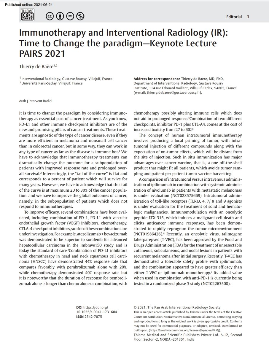 eFirst #AJIR Immunotherapy and Interventional Radiology (IR): Time to Change the paradigm—Keynote Lecture PAIRS 2021 @pairsmedia @PairsWeb Abstract: thieme-connect.com/products/ejour… HTML: thieme-connect.com/products/ejour… PDF: thieme-connect.com/products/ejour…