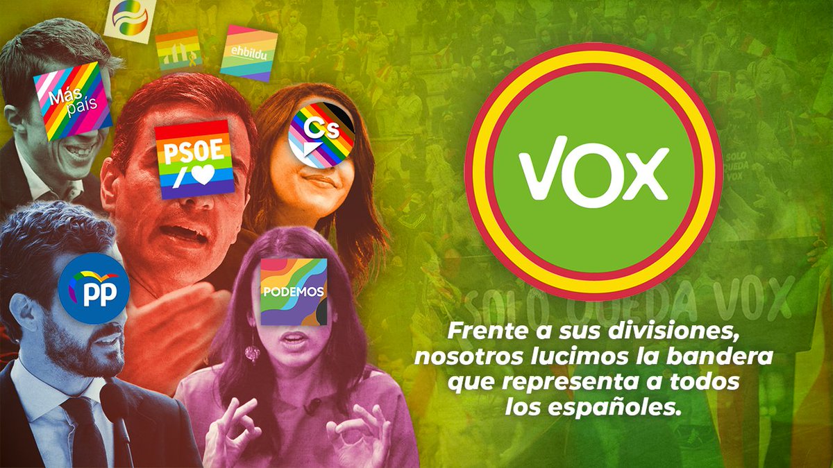 vox_es's tweet photo. Frente a sus divisiones, nosotros lucimos la bandera que representa a todos los españoles. https://t.co/vCFYKwNgRr