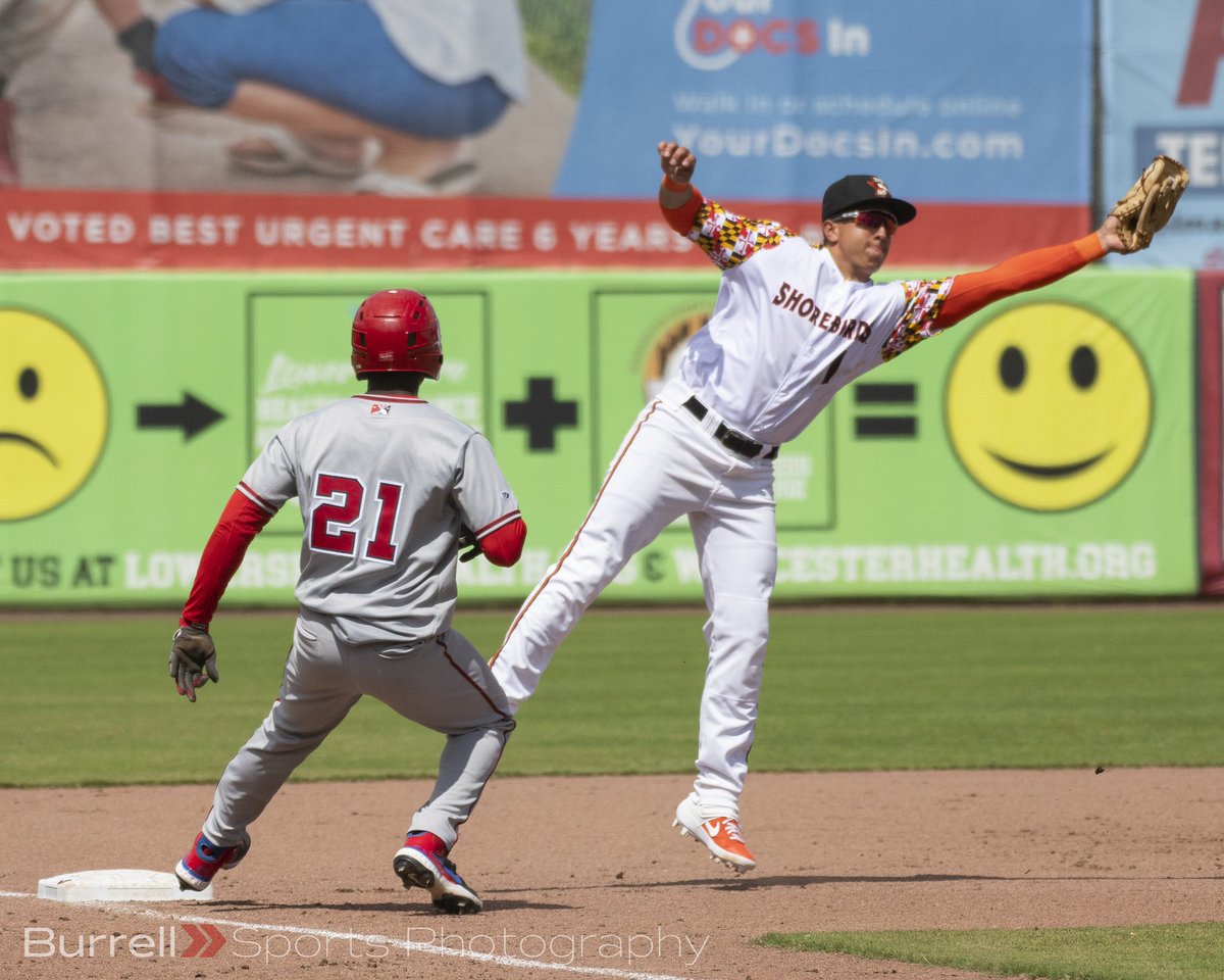 Delmarva Shorebirds third baseman Andrew Martinez (1) makes a leaping catch versus the Fredericksburg Nationals. 
#birdland | #flytogether