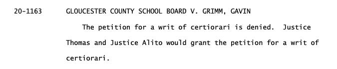 ZoeTillman's tweet photo. A win for Gavin Grimm, the transgender student who challenged his school board's bathroom policies — SCOTUS declined to take up Grimm's win in the lower court. Thomas and Alito would have heard the case. https://t.co/lY6HkPj05R https://t.co/SLQ8FXftB5