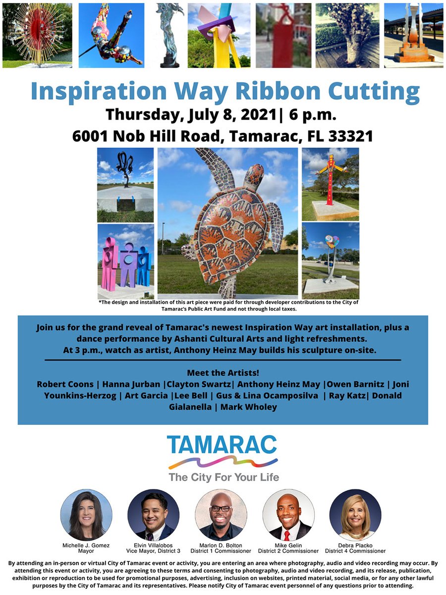 CityofTamarac's tweet photo. Join us on July 8, 3PM, as we hold a ribbon cutting for the  installation of Inspiration Way, our very own museum without walls. This temporary sculpture program that's located on Nob Hill Road, between Commercial Boulevard and McNab Road, promotes the appreciation of fine art. https://t.co/uWJ9hP2x8o