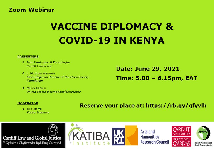 Still places on our webinar ..  

Vaccine Diplomacy &amp; Kenyan Foreign Policy #COVID19 

Presenters: @DavidNgira <a href="/harringtonj3/">John Harrington</a> 
w Dr Muthoni Wanyeki, Dr Mercy Kaburu

Tomorrow - Tue 29/06 Register: eventbrite.co.uk/e/vaccine-dipl…