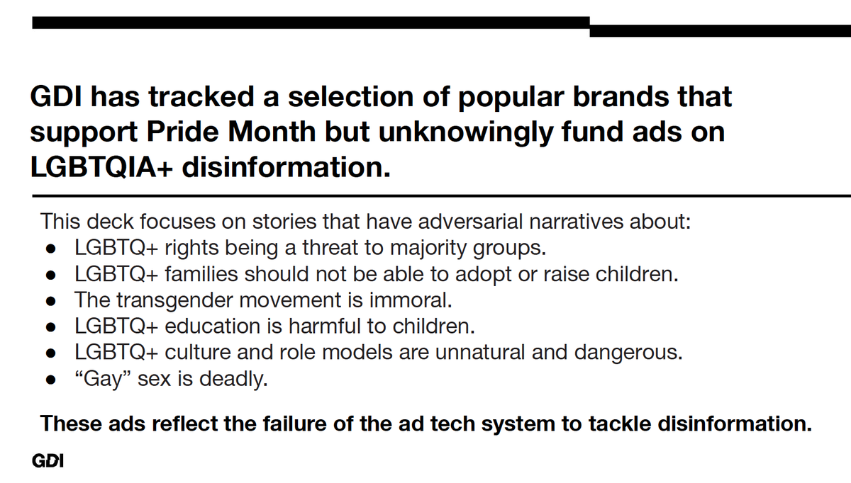 DisinfoIndex's tweet photo. These are some of the anti-LGBTQ+ disinformation narratives we found in our special #pride #CheckAdTech deck — and the brands unintentionally funding this harmful content through advertising.
See the full #Pride2021 deck here: https://t.co/HlmO5815GU https://t.co/RyrFdGiPIl