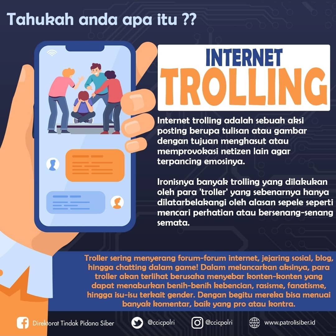 KominfoBekasi's tweet photo. #sobatkominfo tahu apa itu Internet Trolling?

Ialah sebuah aksi posting berupa tulisan atau gambar dengan tujuan menghasut atau memprovokasi.

Buat #SobatKominfo jgn mudah terpancing emosi yaa! 😊

Via @CCICPolri

#internetbaik
#internetsehat
#internettrolling
#Diskominfostandi https://t.co/ODHAS03agg
