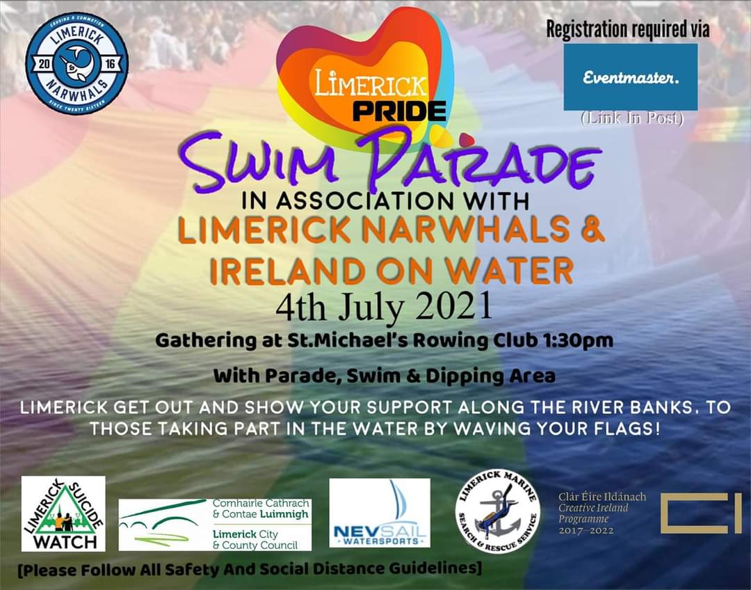 limerickpride's tweet photo. Limerick pride kicks off THIS Sunday July 4th with our first Swim Parade, gathering at the city slip way on O'Callaghan Stand at 1.30pm, swim at 2pm.
Register to take part on Eventmaster, Limerick Swim.
#pride #limerickpride #riverparade #limerick #showyourpride https://t.co/o8gEM4msbt